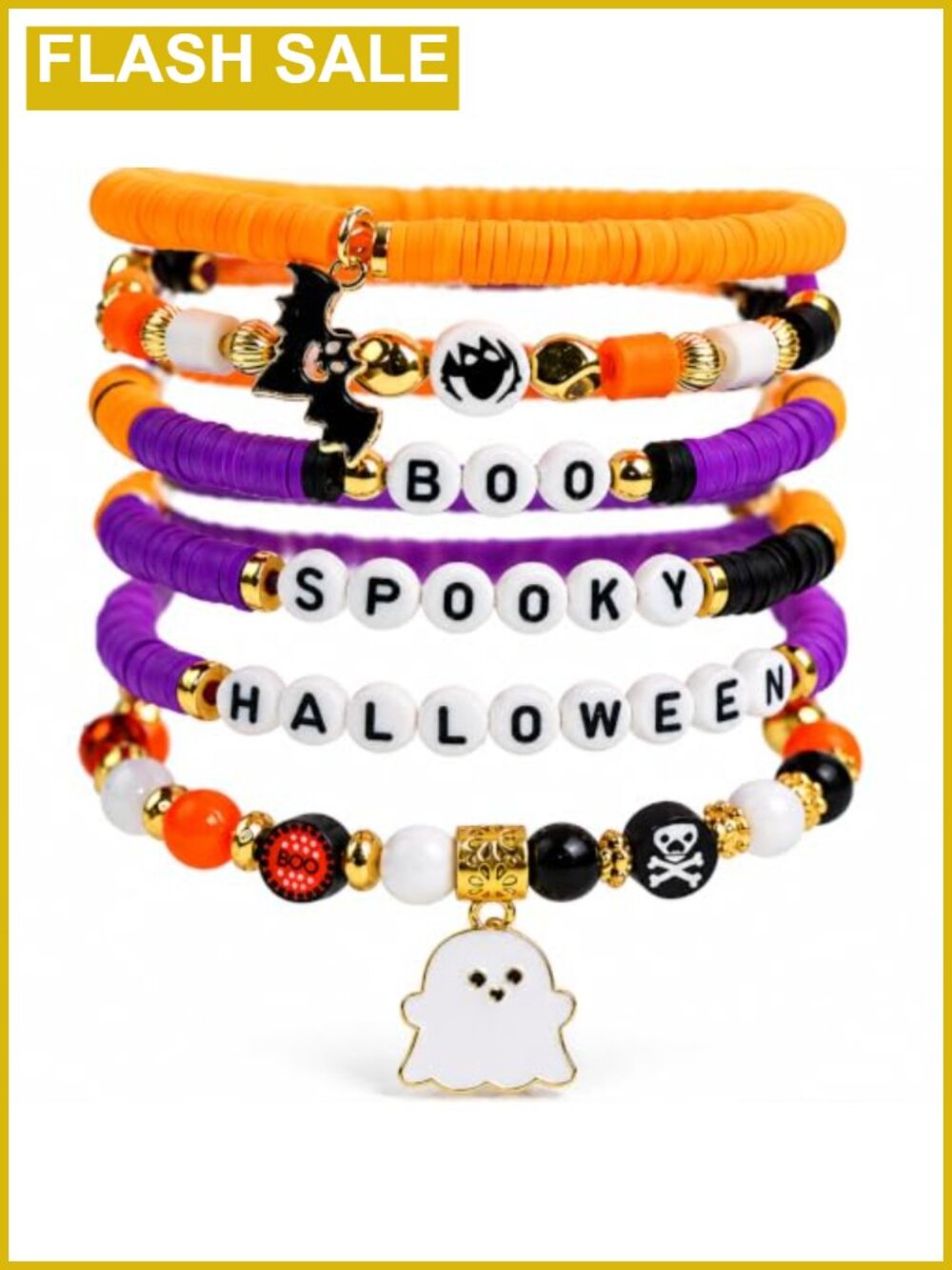 6 Pack Halloween Party Favor Bracelets Polymer Clay Stretch Beaded Set